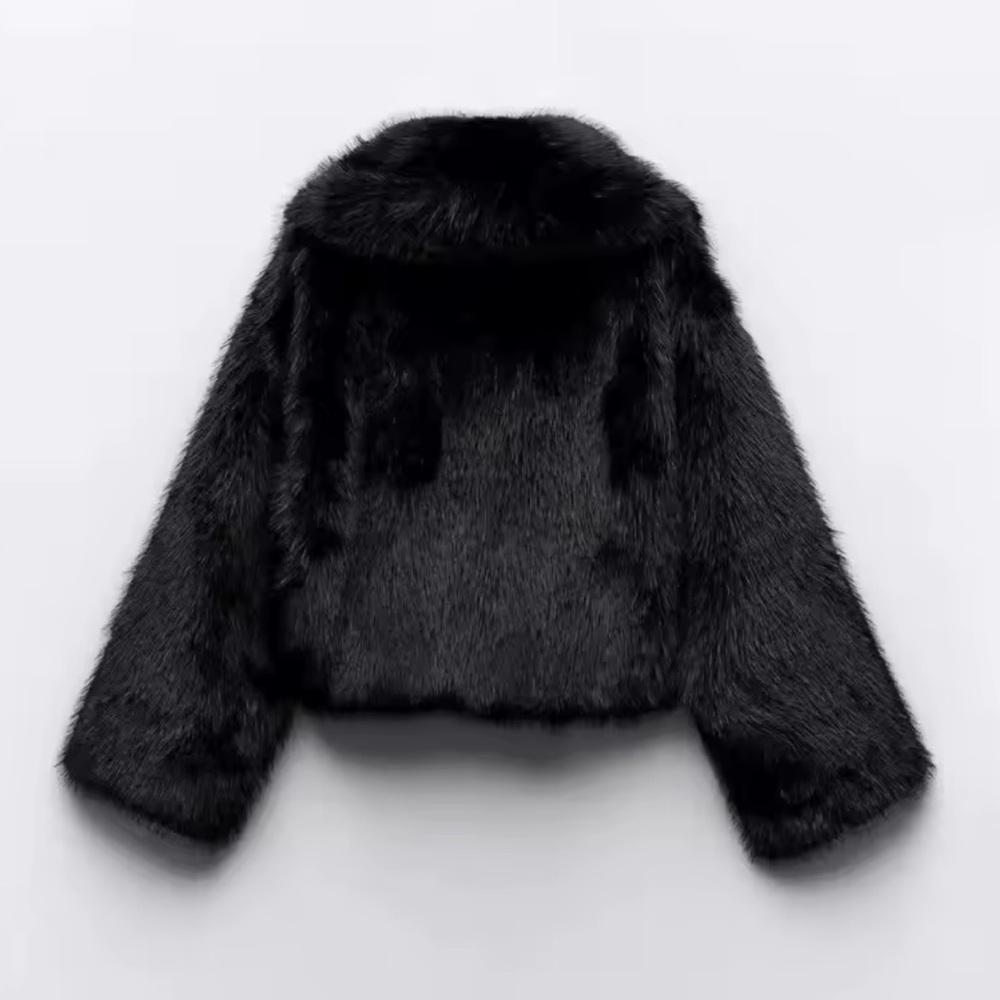 LAST 4❤️ Glam faux fur coat vintage style jacket cropped oversized black - Picture 4 of 13